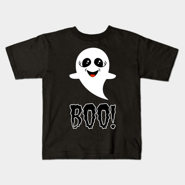 Boo!  Cute Little Ghost on Black Kids T-Shirt by Amanda Lucas